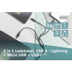 Digitus Nabíjecí kabel USB Apple Lightning konektor, USB-A zástrčka, USB-C ® zástrčka, USB Micro-B zástrčka 1.00 m černá extrémně odolné pletené stínění,
