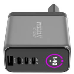 VOLTCRAFT UC-140W01 USB nabíječka, GaN, USB Power Delivery (USB-PD) , Rychlonabíječka, 1x USB A , 3x USB-C®, 140 W, Dodávka energie, černá