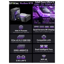 GMKtec mini PC (HTPC) K15-1 Intel® Core™ Ultra 5 125U Intel® Core™ Ultra 5 125U 4.3 GHz 32 GB RAM 512 GB SSD Intel Grafika Win 11 Pro K15-1