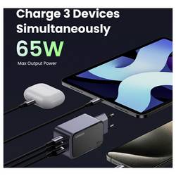 UGREEN Nexode S nabíjecí adaptér, GaN, 2x USB-C®, 1x USB A , 65 W, Power Delivery 3.0, Rychlé nabíjení, šedá