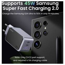 UGREEN Nexode S nabíjecí adaptér, GaN, 2x USB-C®, 1x USB A , 65 W, Power Delivery 3.0, Rychlé nabíjení, šedá