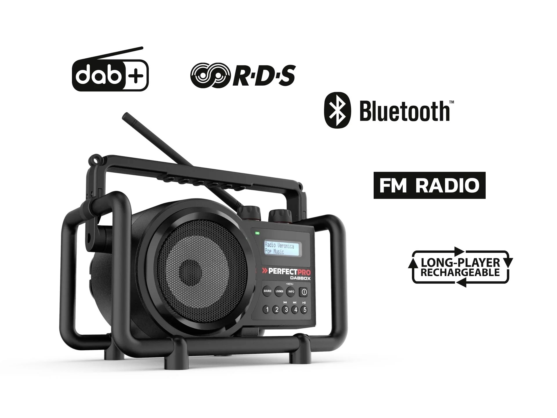 PerfectPro DABBOX DBX3 odolné rádio, DAB+, FM, AUX, Bluetooth, nárazuvzdorné, černá