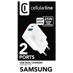 Cellularline USB nabíječka, Rychlonabíječka, USB Power Delivery (USB-PD) , USB A, USB-C®, 25 W, Dodávka energie, bílá