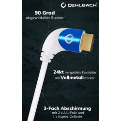 Oehlbach HDMI kabel Zástrčka HDMI-A, Zástrčka HDMI-A 1.50 m bílá D1C42546 8K UHD, 90° zatočeno doleva, třížilový stíněný HDMI kabel