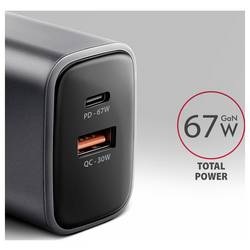 AXAGON USB nabíječka, GaN, USB-C® zásuvka (nabíjení), USB-A zásuvka, 67 W, Quick Charge 3.0, černá, šedá