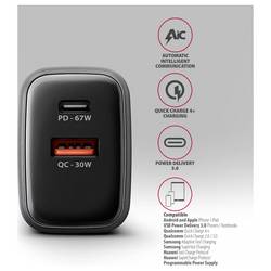 AXAGON USB nabíječka, GaN, USB-C® zásuvka (nabíjení), USB-A zásuvka, 67 W, Quick Charge 3.0, černá, šedá