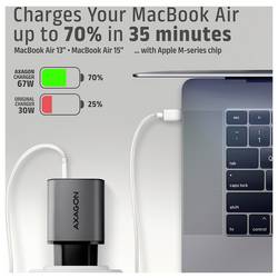 AXAGON USB nabíječka, GaN, USB-C® zásuvka (nabíjení), USB-A zásuvka, 67 W, Quick Charge 3.0, černá, šedá