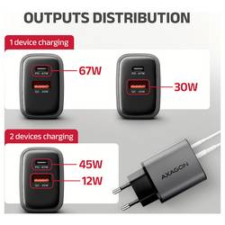 AXAGON USB nabíječka, GaN, USB-C® zásuvka (nabíjení), USB-A zásuvka, 67 W, Quick Charge 3.0, černá, šedá