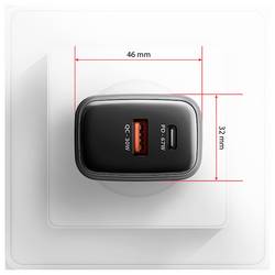 AXAGON USB nabíječka, GaN, USB-C® zásuvka (nabíjení), USB-A zásuvka, 67 W, Quick Charge 3.0, černá, šedá