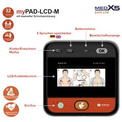 MEDX5 myPAD-M mit LCD-Farbbildschirm, manuelle Schockauslösung defibrilátor letadlo, vnitřní, do auta, pro nákladní vozidla, interní, mobil s hlasovými příkazy
