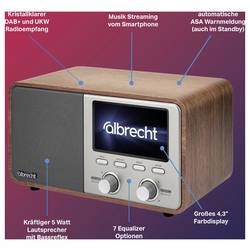 Albrecht DR 760 27760 stolní rádio, DAB+, FM, DAB+, AUX, Bluetooth, Dřevěný kryt, včetně reproduktoru, dřevo, hnědá, stříbrná