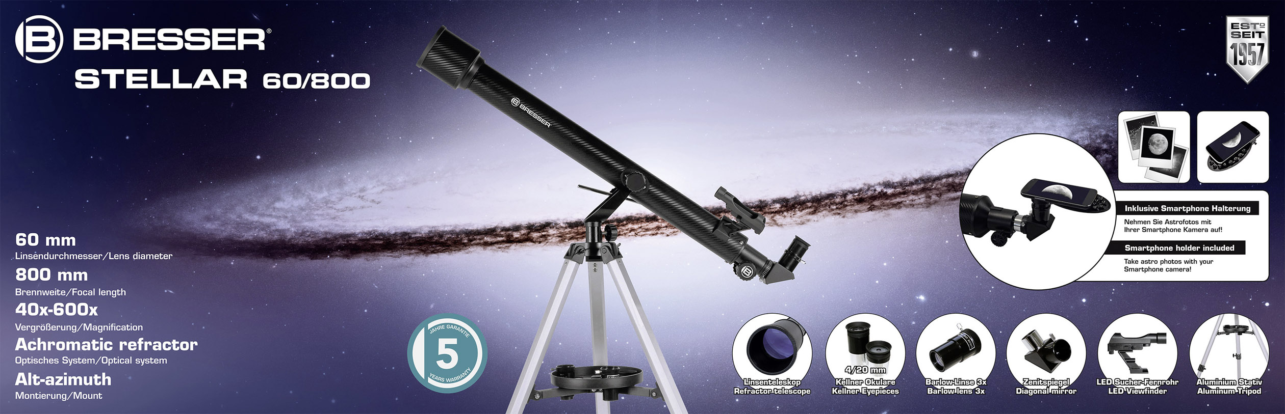 Bresser Optik Stellar 60/800 AZ teleskop azimutový achromatický Zvětšení 40 do 600 x