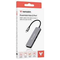 Verbatim 32156 USB Hub USB 2.0, HDMI™, USB 3.2 (Gen 1x1) USB 3.2 Gen1 5 GBit/s UHD, se zabudovanou čtečkou SD karet černá Essentials