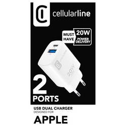 Cellularline USB nabíječka, Rychlonabíječka, USB Power Delivery (USB-PD) , USB A, USB-C®, 20 W, Dodávka energie, bílá