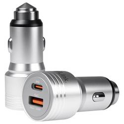 LogiLink PA0228A Nabíječka do auta, funkce nouzového kladiva, USB-C® zásuvka (nabíjení), USB-A zásuvka, QC 2,0, Power Delivery 3.0, hliník