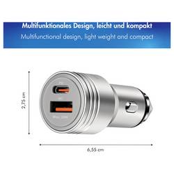 LogiLink PA0228A Nabíječka do auta, funkce nouzového kladiva, USB-C® zásuvka (nabíjení), USB-A zásuvka, QC 2,0, Power Delivery 3.0, hliník