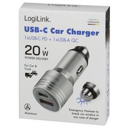 LogiLink PA0228A Nabíječka do auta, funkce nouzového kladiva, USB-C® zásuvka (nabíjení), USB-A zásuvka, QC 2,0, Power Delivery 3.0, hliník