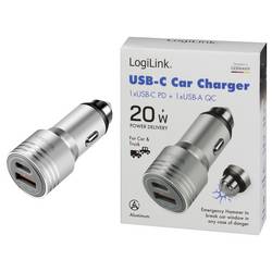 LogiLink PA0228A Nabíječka do auta, funkce nouzového kladiva, USB-C® zásuvka (nabíjení), USB-A zásuvka, QC 2,0, Power Delivery 3.0, hliník