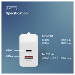 Digitus DA-10301 USB nabíječka, 1x USB A , 1x USB-C®, 30 W, bílá