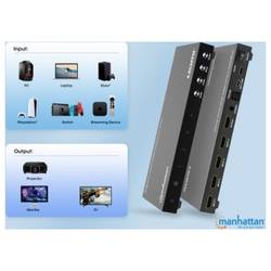 Manhattan HDMI přepínač kovový ukazatel, s dálkovým ovládáním, režim více pohledů, možnost montáže do stojanu, UHD, Nabíjecí přípojka USB-C® PD 3840 x 2160