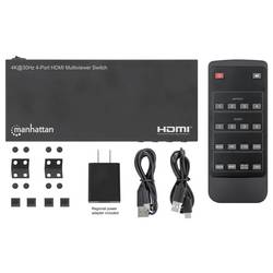 Manhattan HDMI přepínač kovový ukazatel, s dálkovým ovládáním, režim více pohledů, možnost montáže do stojanu, UHD, Nabíjecí přípojka USB-C® PD 3840 x 2160