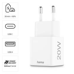 Hama USB nabíječka, Rychlonabíječka, USB Power Delivery (USB-PD) , 1x USB-C®, 1x USB A , 20.00 W, Dodávka energie, QC 3.0, bílá