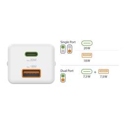 Hama USB nabíječka, Rychlonabíječka, USB Power Delivery (USB-PD) , 1x USB-C®, 1x USB A , 20.00 W, Dodávka energie, QC 3.0, bílá