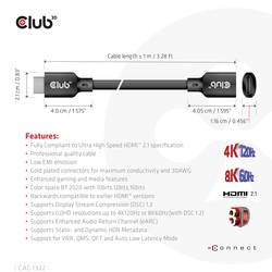 club3D HDMI kabel Zástrčka HDMI-A, Zásuvka HDMI-A 1.00 m černá CAC-1322 HDMI kabel