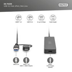 Digitus DA-70236 USB Hub 4 porty USB-A USB 3.0 5 GBit/s s konektorem USB C černá DA-70236