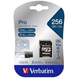 Verbatim Pro paměťová karta microSDXC 256 GB UHS-Class 3 podpora videa 4K, výkonnostní standard A2, vč. SD adaptéru, nárazuvzdorné, vodotěsné