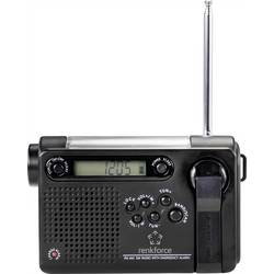 Renkforce RF-CR-200 přenosné rádio FM, AM, KV (AM) nouzové rádio s akumulátorem, Solární panel, Ruční klika, funkce alarmu, stolní lampa černá